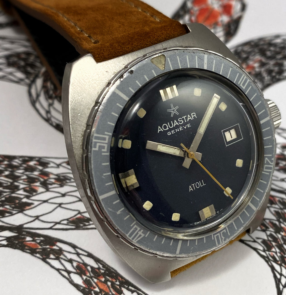 GHOSTLY~EARLY 70s AQUASTAR ATOLL DIVER – RETROWATCHGUY